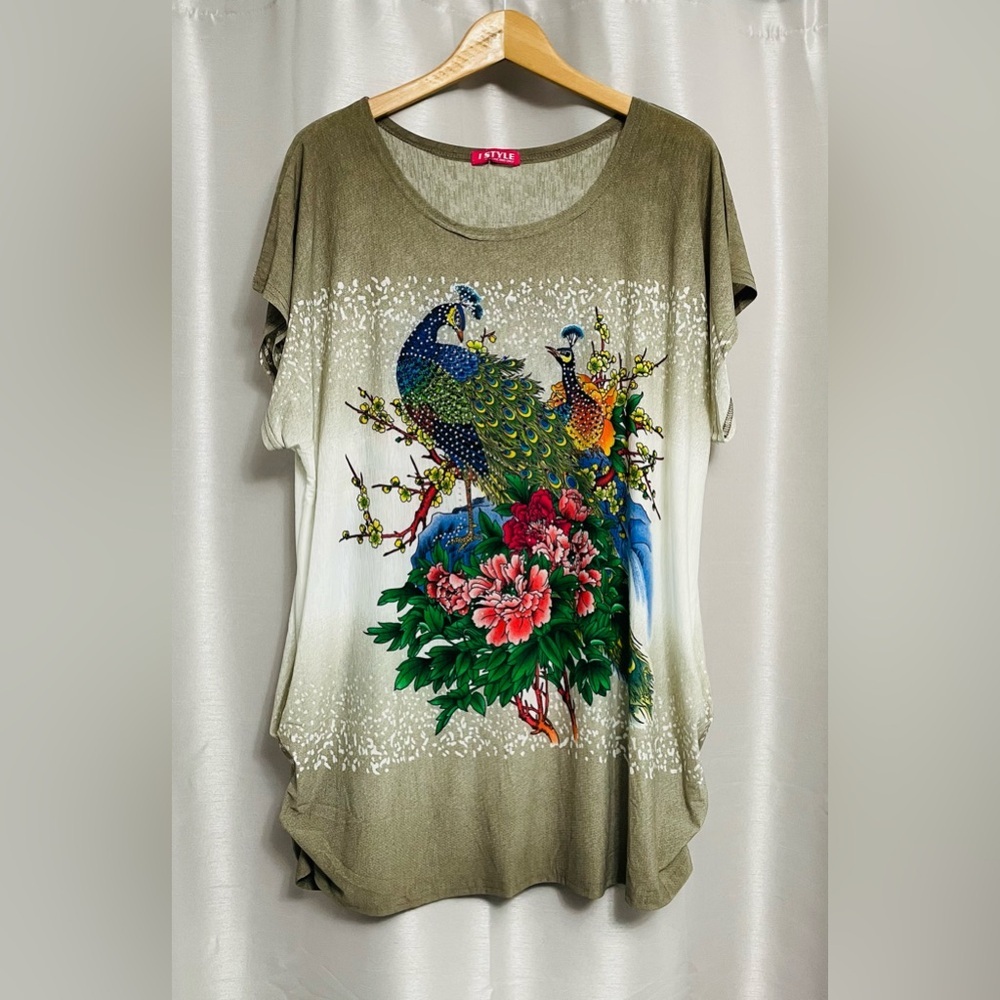 Peacock Print Olive Green Tunic Top